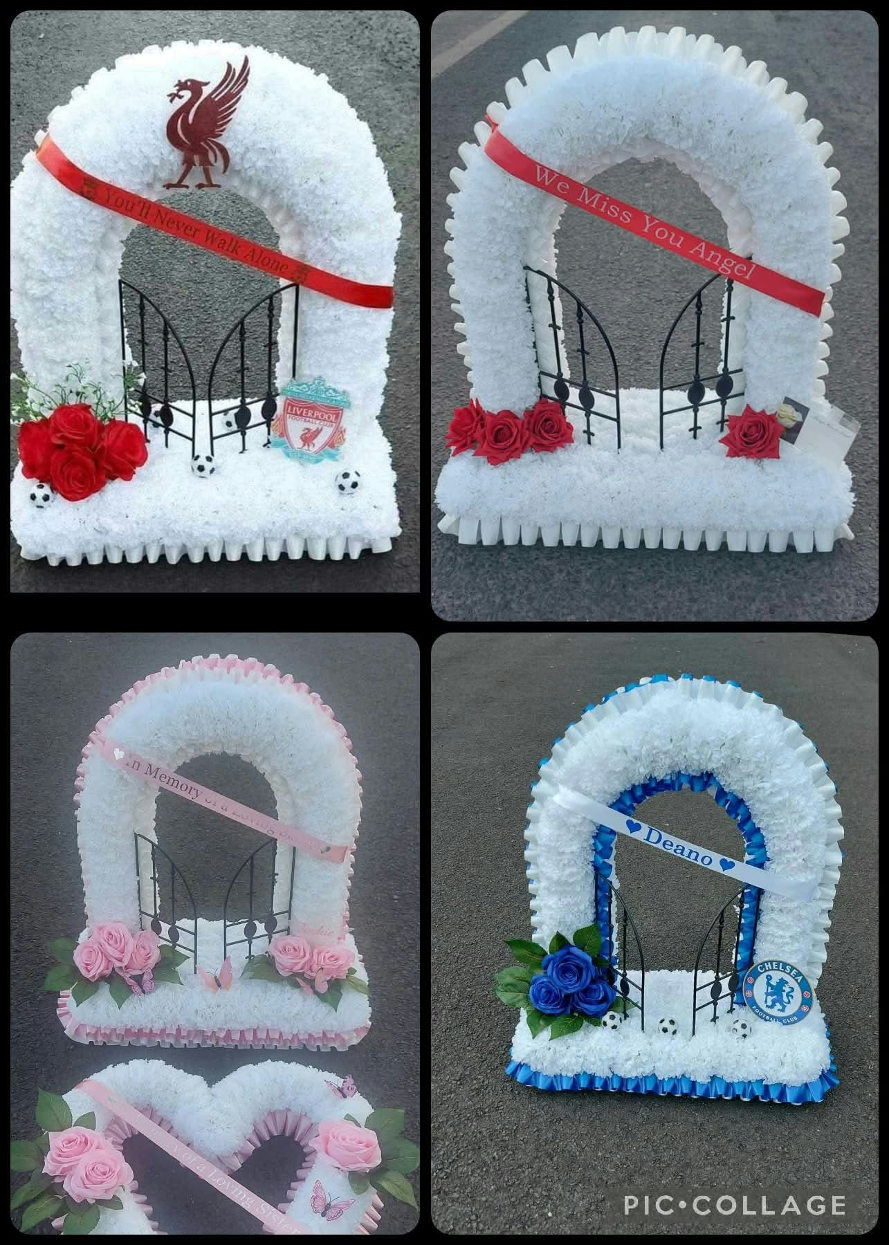 Four examples of Gates of Heaven tributes with white carnations, red, pink or blue roses and personalised ribbons
