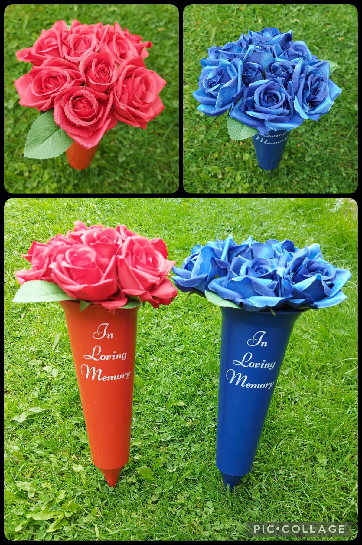 Red and blue memorial spikes with silk roses and the words In Loving Memory
