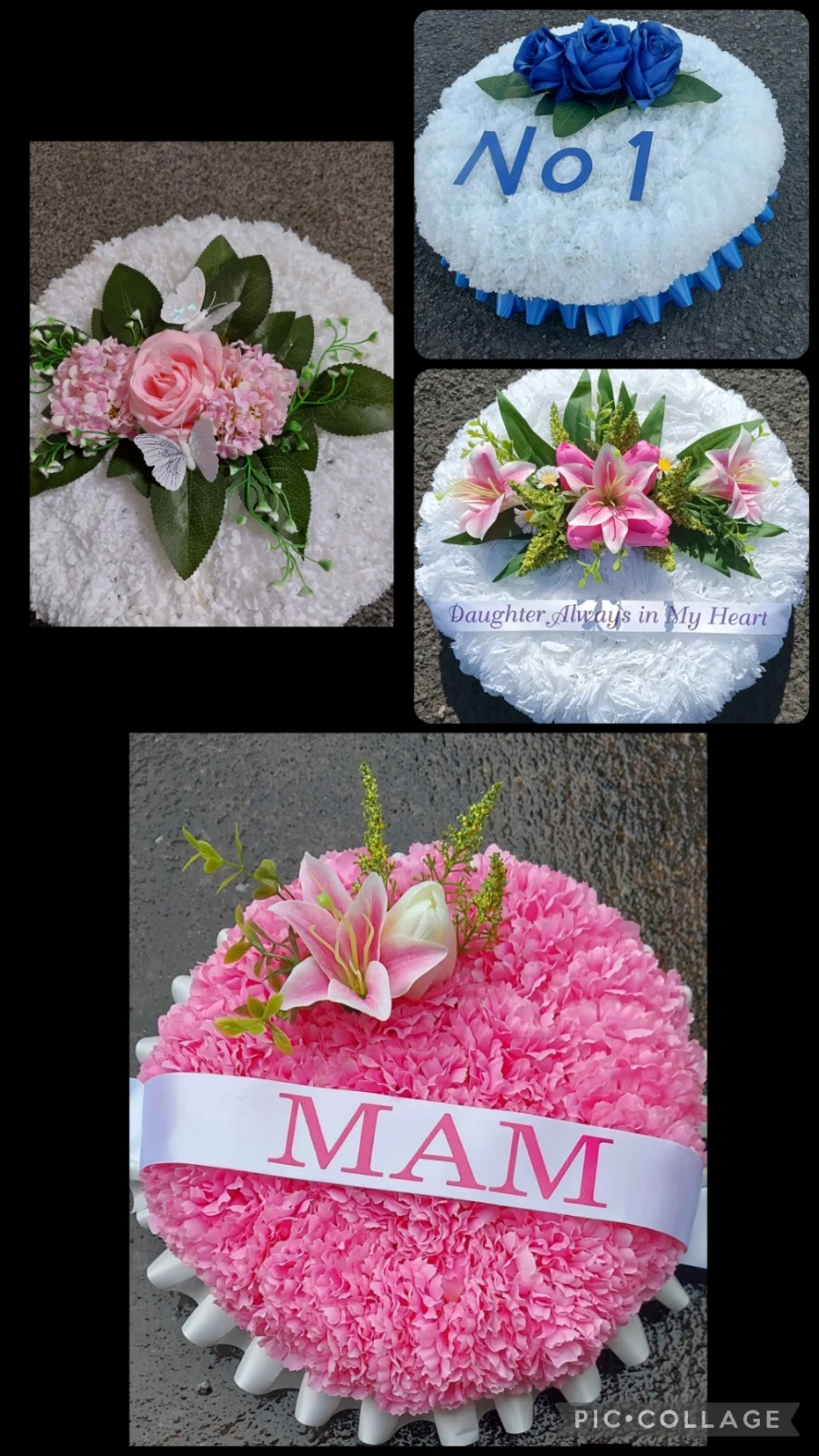 An artificial silk carnation posy pad with personalised satin ribbon